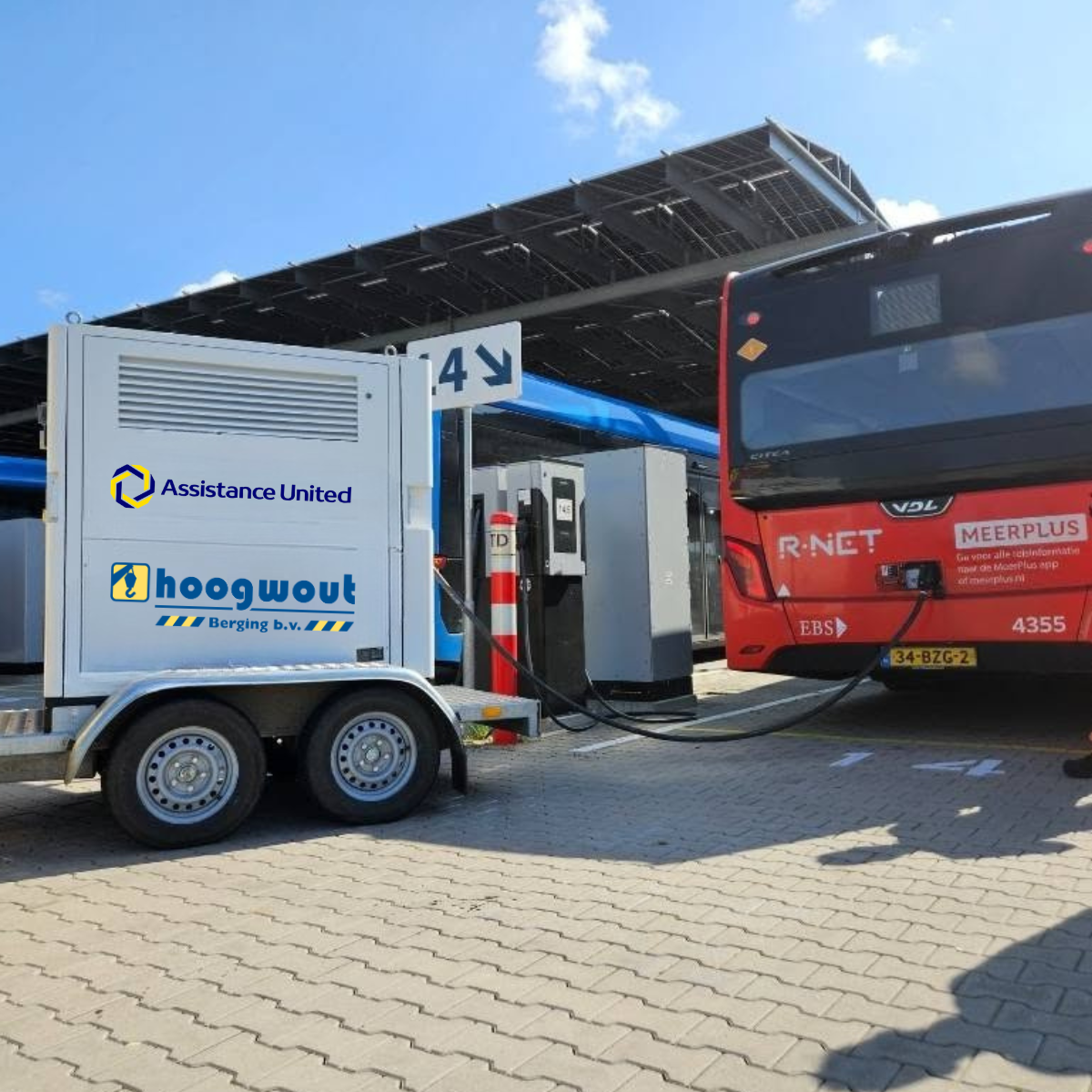 Mobiel laadstation van Assistance United laadt een elektrische stadsbus op.